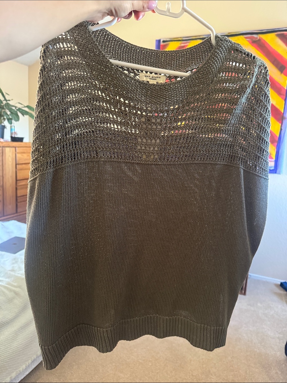 Max Studio Olive Open-Knit Yoke Crewneck Sweater